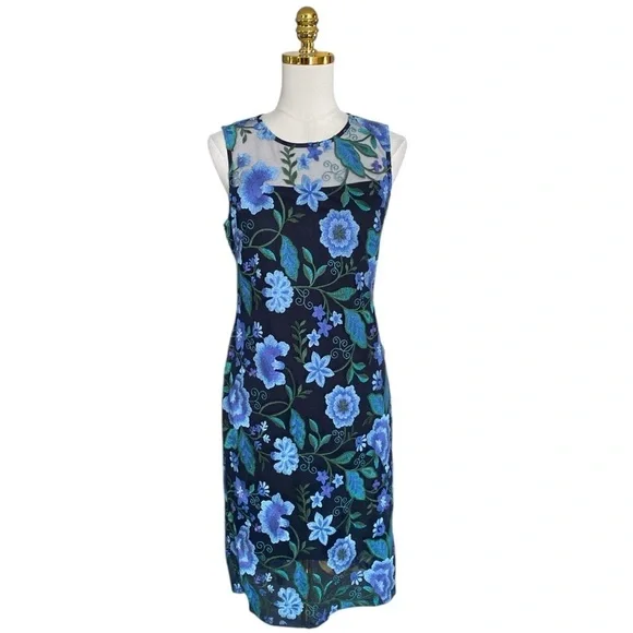 Calvin Klein Women's Floral-embroidered Mesh Illusion Sleeveless Sheath Dress 6 - Picture 4 of 10
